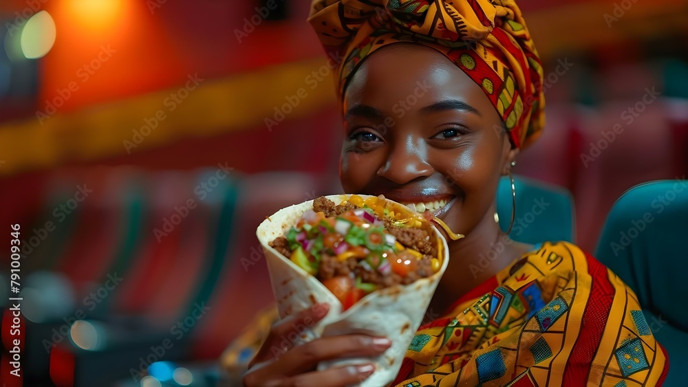 Middleaged African woman enjoys burrito at cinema reflecting global culinary trends. Concept Cultural Diversity, Dining Experience, Global Food Trends, Movie Night, Culinary Delights