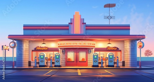 Art Deco service station facade with retro pumps, decorative tiles, and neon signs