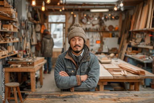 Skilled carpenter standing with arms crossed in workshop