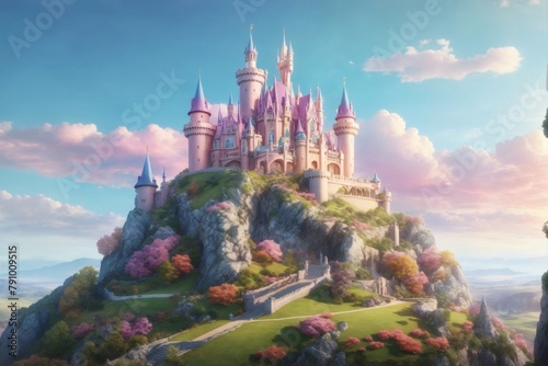 Pastel Fairytale Castle on Hill, Fantasy Castle on Hill landscape, Castle Wallpaper, Magical Castle on Top of the Mountain, Fairy pink castle, magical fantasy fairytale castle, AI Generative