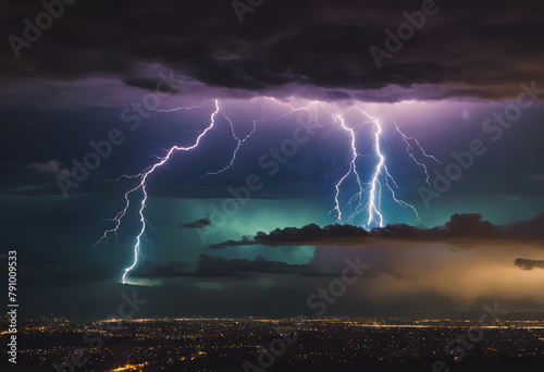 Majestic Thunderstorm Over Cityscape: Intense Lightning Strikes Piercing Through Night Sky