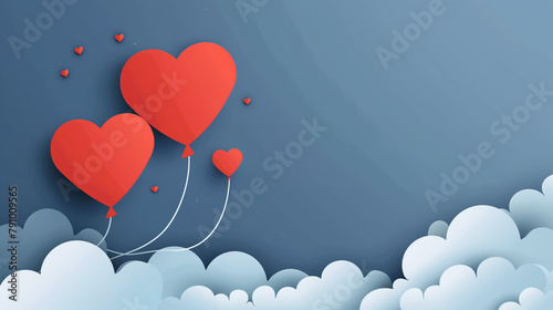 Vector illustration of red heart shaped balloons flying in the sky with clouds background for Happy Valentine's Day celebration, paper art