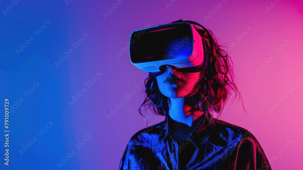 Young woman with virtual reality headset on pink blue background Young woman with virtual reality headset on pink blue background