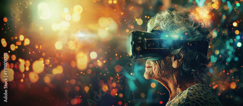 Old woman wearing virtual reality headset in abstract digital space photo