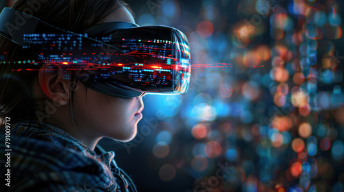 Small girl with virtual reality device in abstract space, wen entertainment and learning technology photo