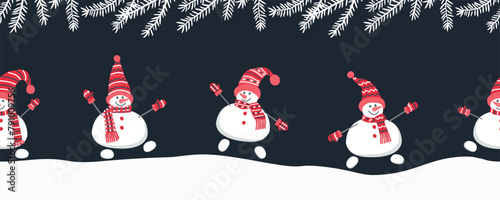 Happy snowmen have fun in winter holidays. Seamless border. Christmas background. Cute snowmen in red winter hats and scarves are  dancing. Greeting card template. Vector illustration on dark blue