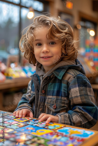 Young boy standing in front of puzzle