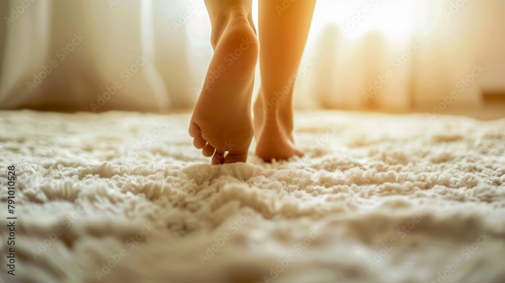 Bare Feet Walking on a Fluffy Carpet in Sunlit Room. Generative ai Bare Feet Walking on a Fluffy Carpet in Sunlit Room. Generative ai