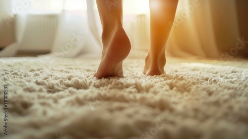 Bare Feet Walking on a Fluffy Carpet in Sunlit Room. Generative ai