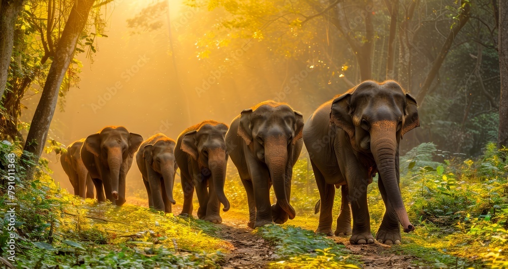 Fototapeta premium A majestic herd of elephants walk through the jungle in the golden sunlight.