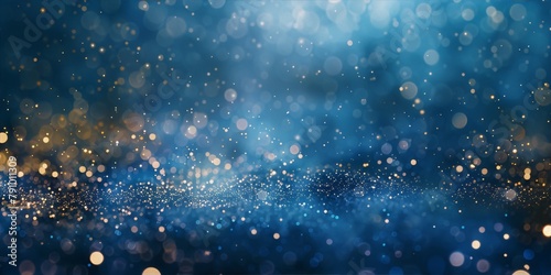 Blue and gold particles of light on dark blue background, resembling a starry night sky, digital art, soft focus, smooth gradients, no people.