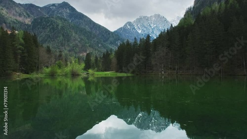 Alpine spring landscape with mountain lake. Plansarsko lake with green forest in Jezersko valley, Slovenia, Europe, 4k photo