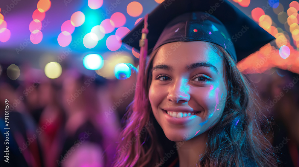 Fototapeta premium American young woman wearing graduation cap dancing at party. Festive bokeh background