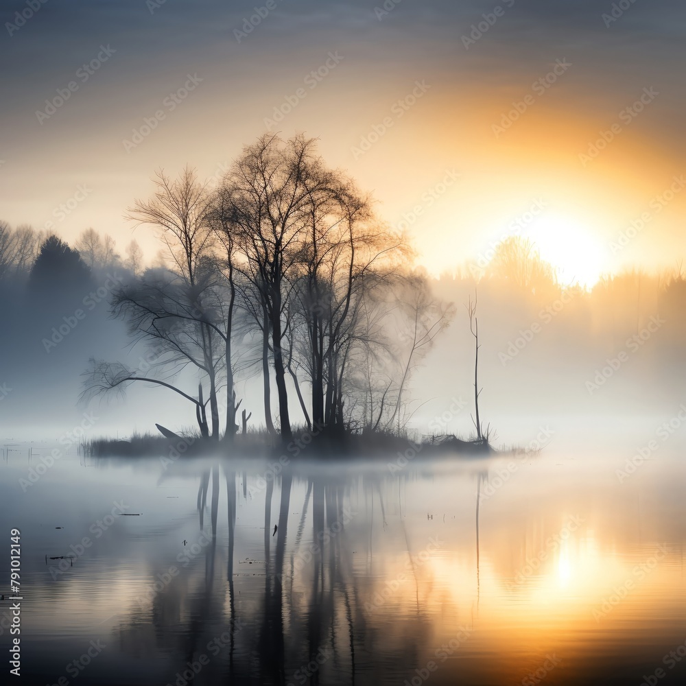 Early morning shot of Luminous Lake enveloped in mist, the soft light of dawn illuminates the mist, giving the lake a mysterious and ethereal quality Early morning shot of Luminous Lake enveloped in mist, the soft light of dawn illuminates the mist, giving the lake a mysterious and ethereal quality