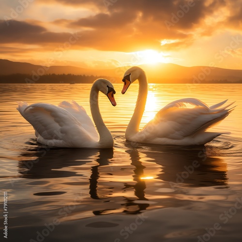 A pair of golden swans gracefully gliding on tranquil lake at sunset, warm glow of the setting sun casts a golden hue over water, reflecting the elegance of the swan