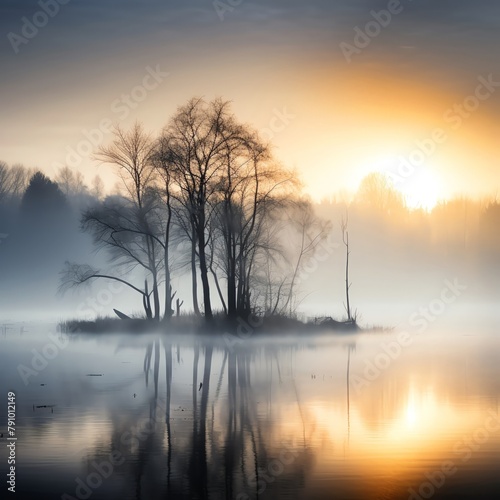 Early morning shot of Luminous Lake enveloped in mist  the soft light of dawn illuminates the mist  giving the lake a mysterious and ethereal quality