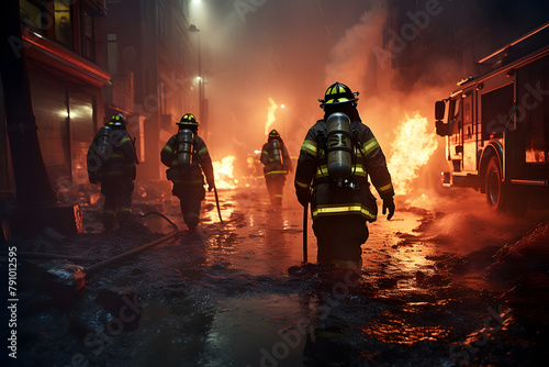 Firefighters extinguish the fire in the streets of the city. International firefighter day concept.