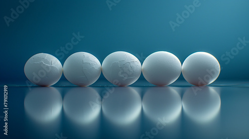 Five eggs arranged in a row on a reflective surface, with world maps printed on three of them against a blue background.