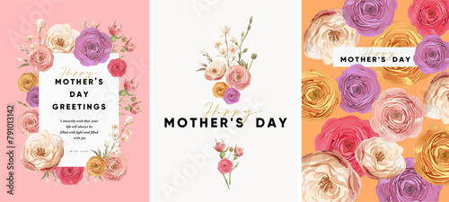 Happy Mother's Day. Vector watercolor modern elegant floral illustration of peony flower, rose, plant, bouquet, pattern, pink and purple geometric logo, leaf, for greeting card, invitation or poster © Ardea-studio
