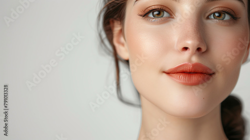 Close-up portrait of a young woman with flawless skin and natural makeup, looking at the camera.