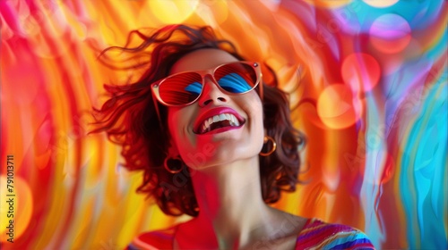 Ecstatic woman wearing retro sunglasses surrounded by a psychedelic, rainbow-colored background in a contemporary, pop art style, conveying a sense of joy and optimism.