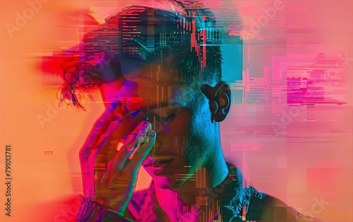 Portrait of a man covering his face with his hand with glitch effect in blue and pink.