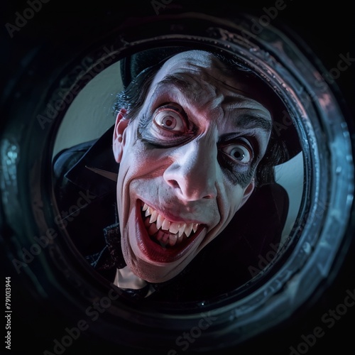 A creepy clown face with a top hat and sharp teeth peers through a peephole in a dark room, digital art, horror, expressionism