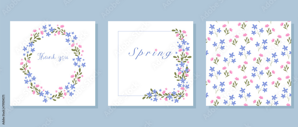 Floral frames vector set. Seamless pattern, circle frame, border frame design with small flowers. Hand drawn illustration. Collection of wildflowers frames and pattern for postcards, print, web. Floral frames vector set. Seamless pattern, circle frame, border frame design with small flowers. Hand drawn illustration. Collection of wildflowers frames and pattern for postcards, print, web.