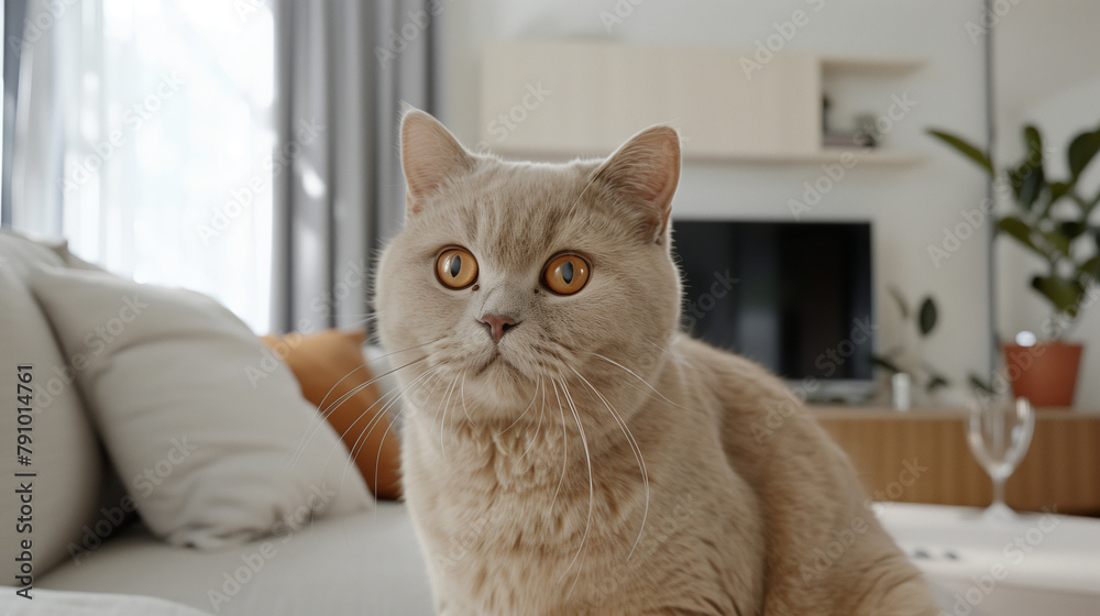 British grey shorthair cat, domestic cat on the sofa in living room interior