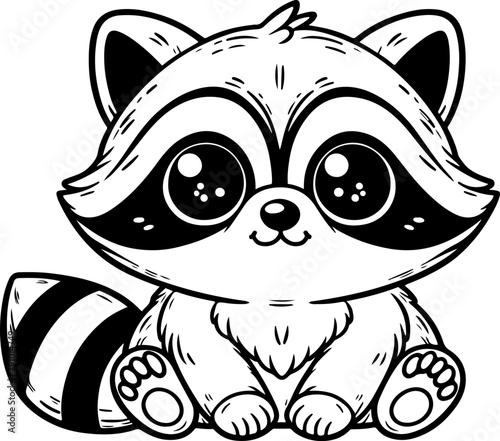 Raccoon black outline children coloring book illustration.