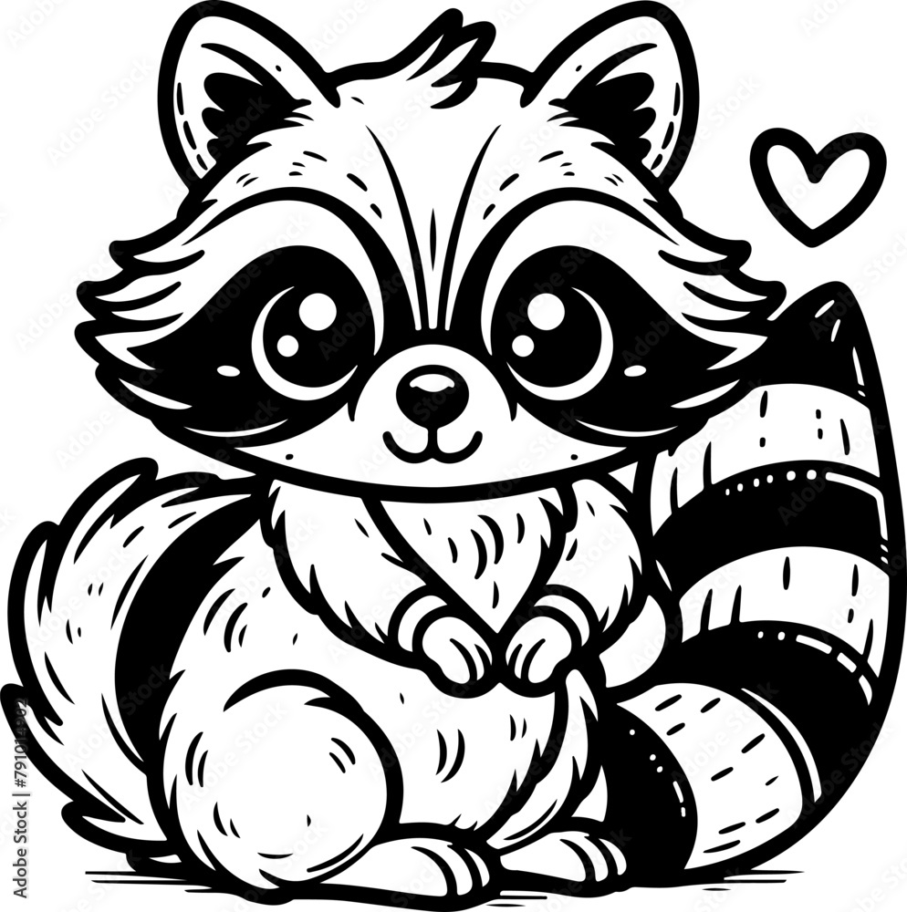 Raccoon black outline children coloring book illustration.
