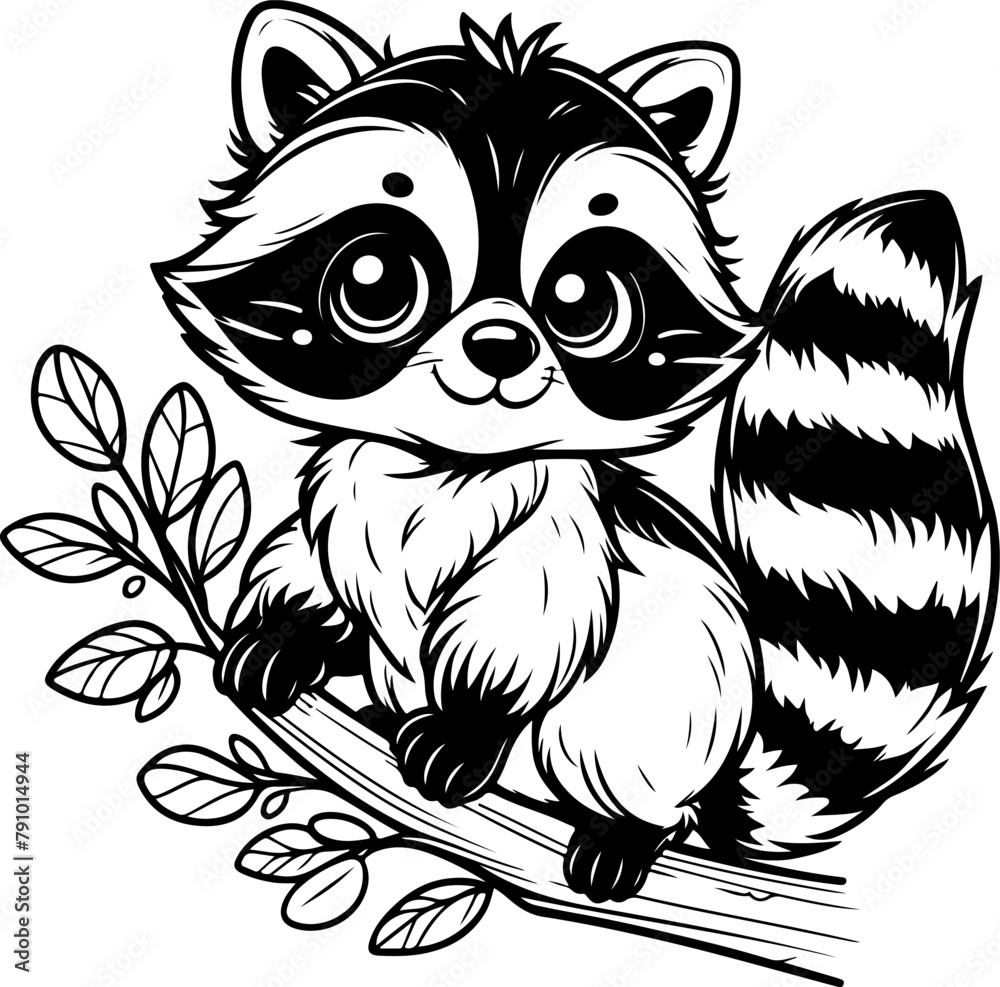 Obraz premium Raccoon black outline children coloring book illustration.