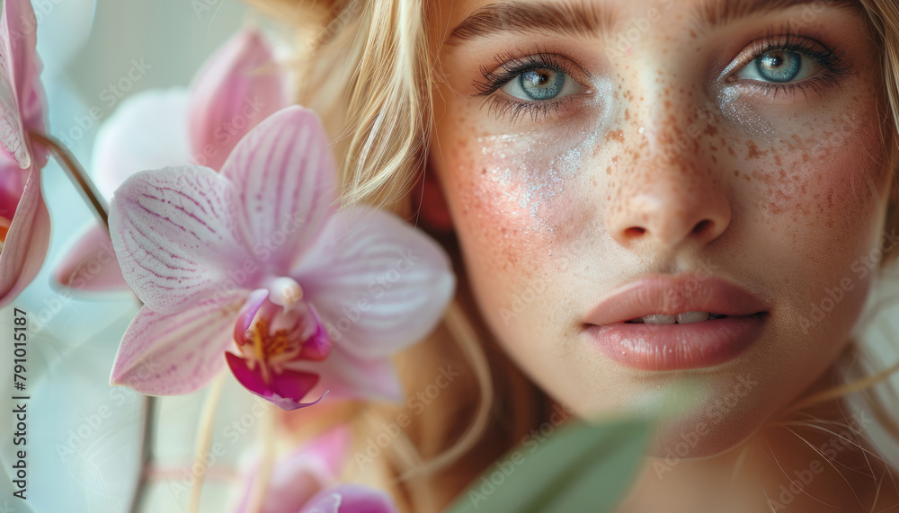 Beautiful girl with an orchid in her hair, natural organic cosmetics concept Beautiful girl with an orchid in her hair, natural organic cosmetics concept