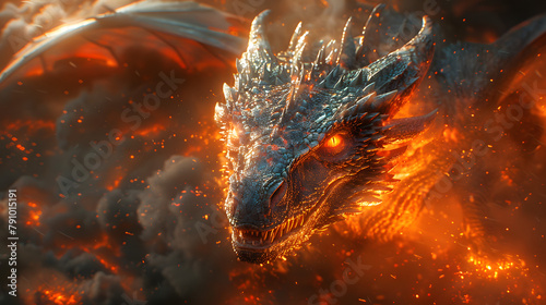 Red giant dragon breathing fire on dark background. Mythology creature portrait. Fantasy art © Gonzalo