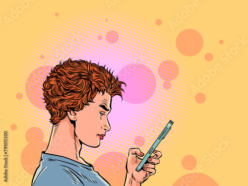 The girl looks seriously at the phone. Search for products in marketplaces. Correspondence via smartphone.
