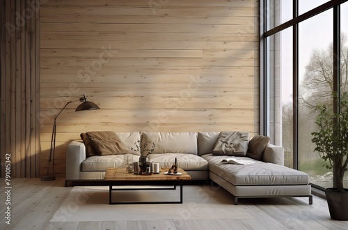 living room with a couch, coffee table, and potted plant