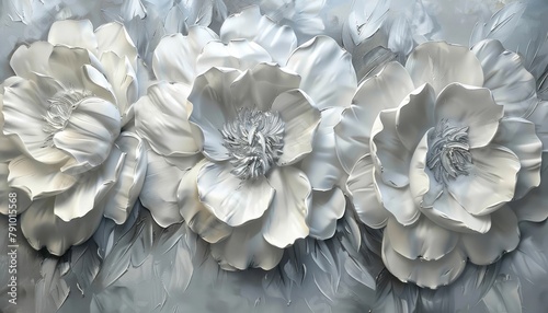 Ethereal Peonies: 3D Textured Painting on Grey Background © FU