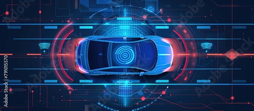 Smart car in autonomous mode on city roads, featuring a HUD and integrating IoT technology with graphic sensor radar signals and internet connectivity, top view.