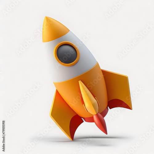 3d style spaceship rocket flying with yellow flame ejected from nozzles. Toy rocket launch. Successful startup, financial growth, space business concept vector illustration