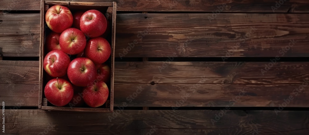 Top view of a wooden box containing ripe red apples, with room for your text. Top view of a wooden box containing ripe red apples, with room for your text.