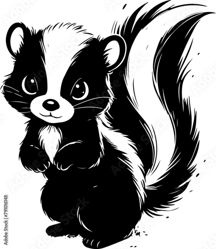 Skunk black outline children coloring book illustration.