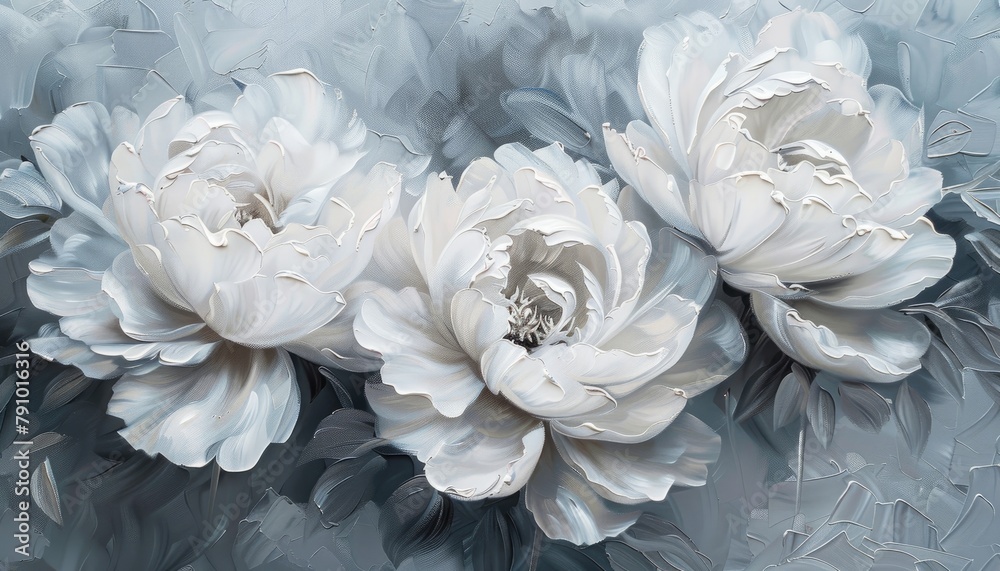 Ethereal Peonies: 3D Textured Painting on Grey Background Ethereal Peonies: 3D Textured Painting on Grey Background
