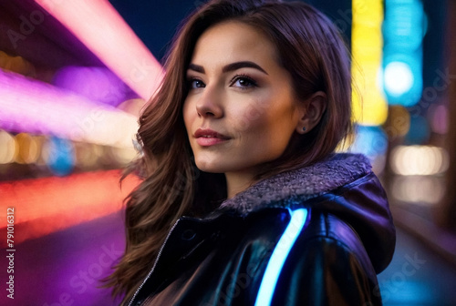 Portrait positive woman posing at night city neon lights bokeh background. Silhouette young trendy female looking away at night street. Nightlife youth atmosphere concept. Copy text space