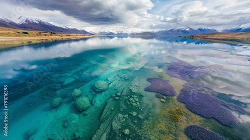 Lake Tekapo, Neuseeland, Drohnenbilder über dem See mit Bergpanorama der Southern Alps, Landschaften und Pflanzen zu unterschiedlichen Tages- und Jahreszeiten. Generative KI.