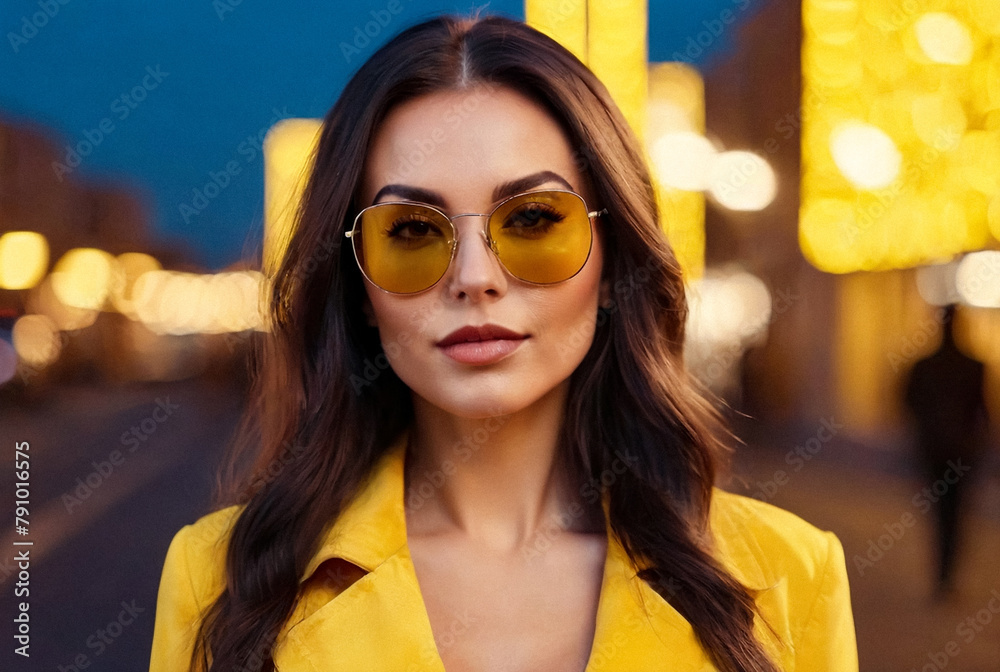 Portrait positive sensual woman in sunglasses posing at night city lights yellow background. Young trendy female looking at camera at night district. Nightlife youth atmosphere concept. Copy space
