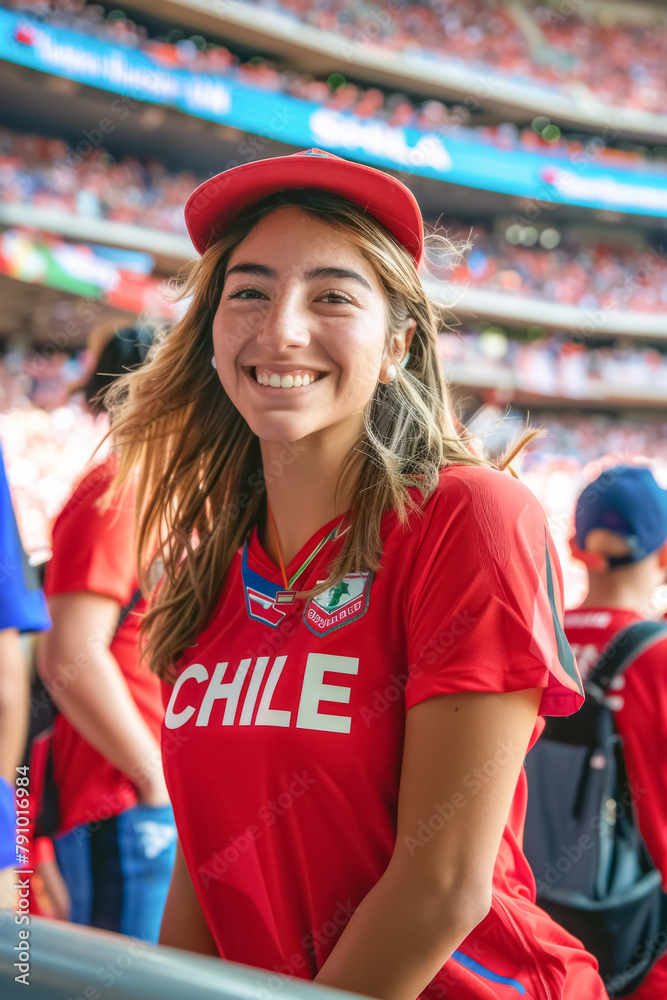 Chilean football soccer fans in a stadium supporting the national team, La Roja
