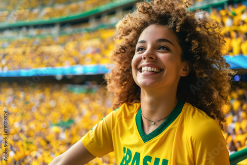 Brazilian football soccer fans in a stadium supporting the national team, Seleção
 photo