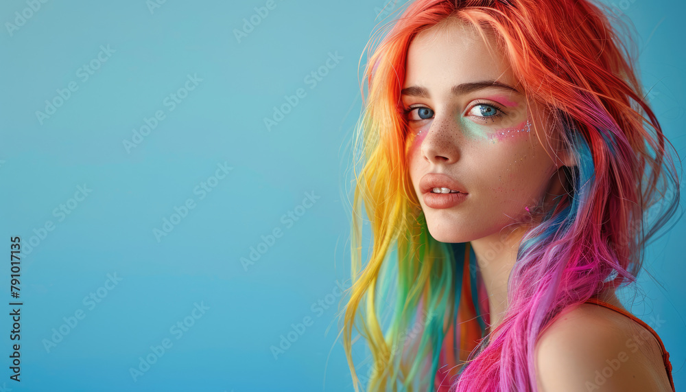 Beautiful girl with dyed colored hair. Place for text