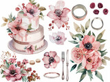 Set di nozze acquerello, appena sposato boho illustrazione floreale, torta nuziale, anello di nozze, abito da sposa, sfondo bianco scontornabile, per biglietti di auguri o inviti matrimonio