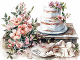 Set di nozze acquerello, appena sposato boho illustrazione floreale, torta nuziale, anello di nozze, abito da sposa, sfondo bianco scontornabile, per biglietti di auguri o inviti matrimonio